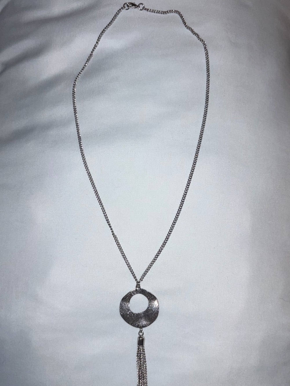 Long Silver Pendant Necklace Textured Ring Tassel Fringe Statement